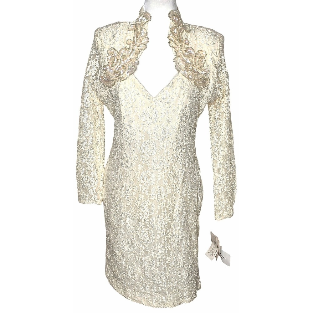 80s Susan Roselli for Vijack Lace Sheath Dress Women 12 Ivory Sequin Cutout NOS